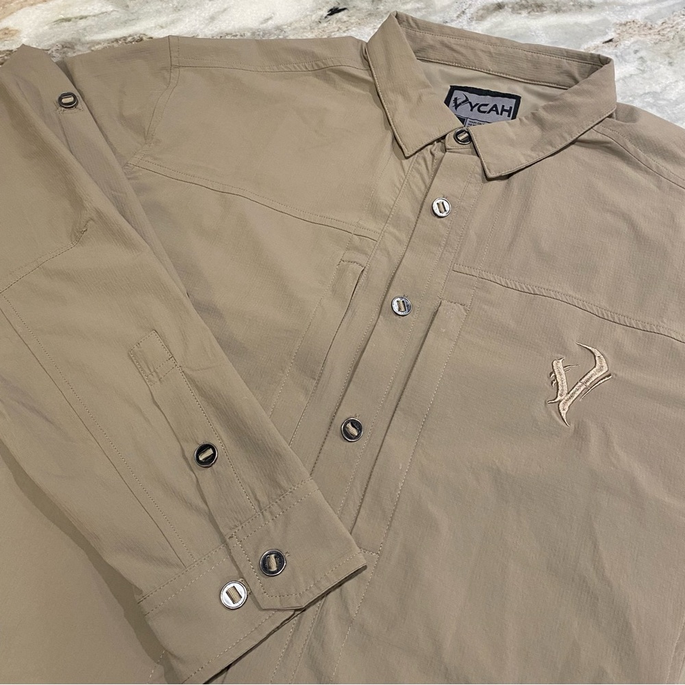 Vycah Men's XL Trophy Tee Hunting Shirt Khaki Nylon Spandex Vented - Picture 7 of 13